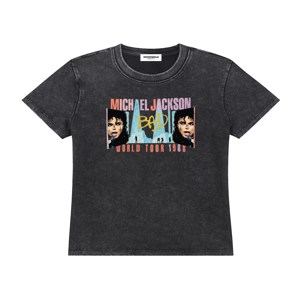 Black t-shirt with Michael Jackson graphic and text on a white background