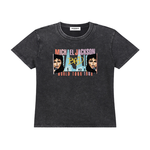 Black t-shirt with Michael Jackson graphic and text on a white background
