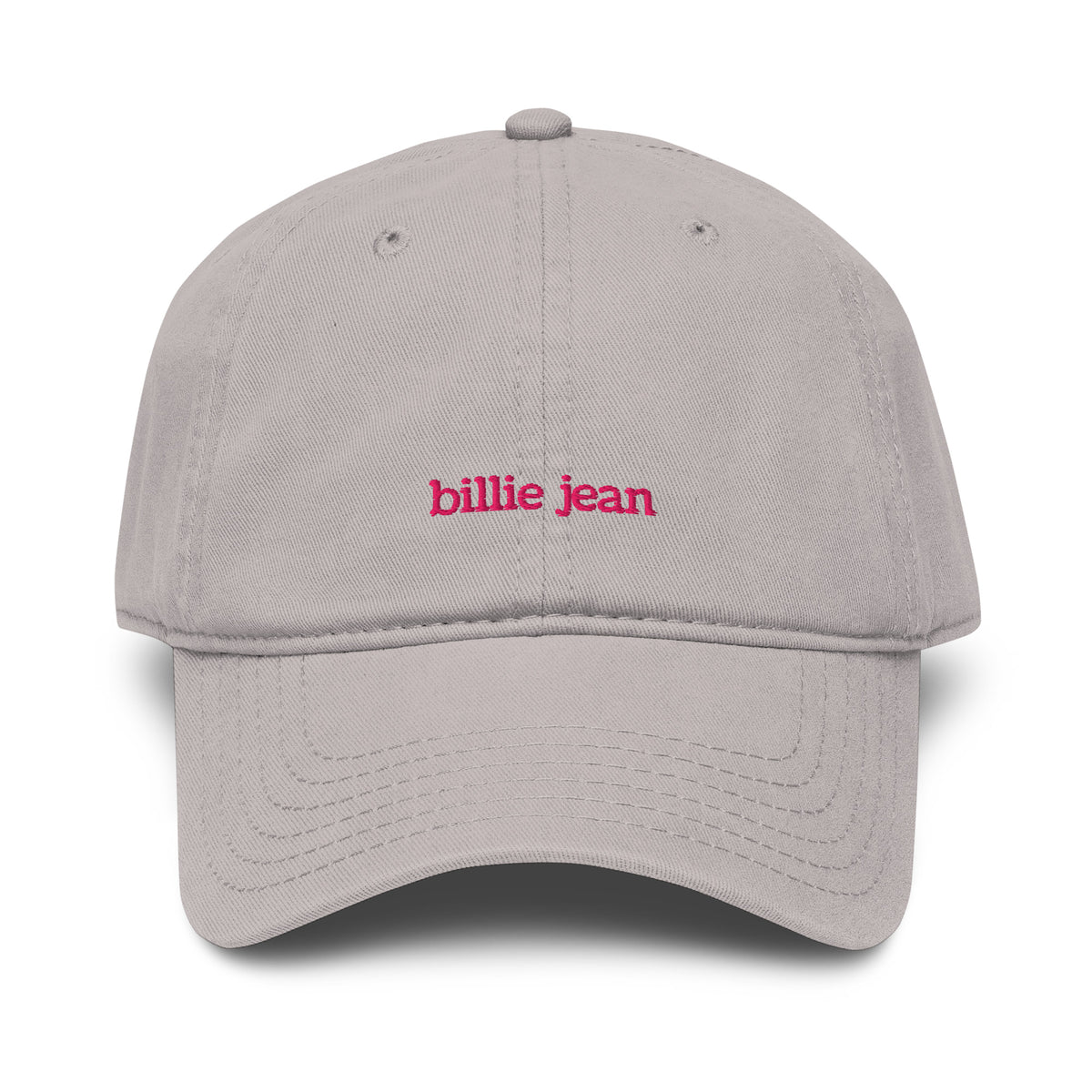A light gray dad hat baseball cap with 'billie jean' embroidered in pink lowercase letters on the front, shown against a plain white background.