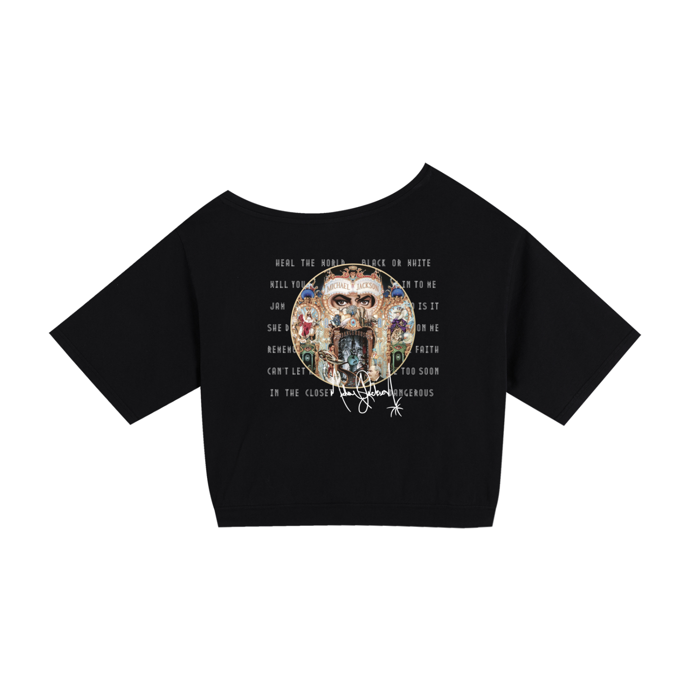 A black short-sleeve baby tee with a wide boat neckline, featuring a central graphic of a skull surrounded by white text and a circular mandala design.