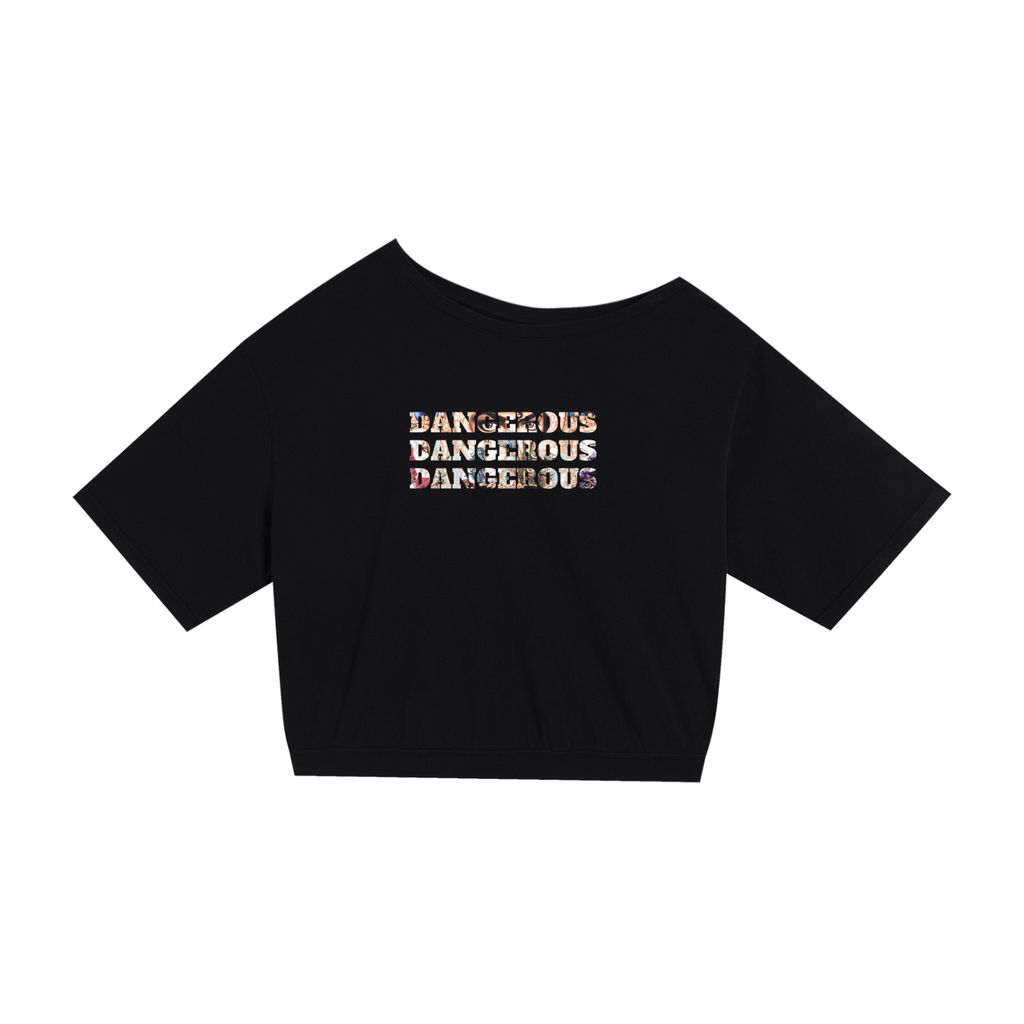 A black short-sleeve crop top with a wide boat neckline, featuring the word 'DANGEROUS' printed three times in a textured, multi-colored pattern on the chest.
