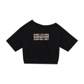 A black short-sleeve crop top with a wide boat neckline, featuring the word 'DANGEROUS' printed three times in a textured, multi-colored pattern on the chest.