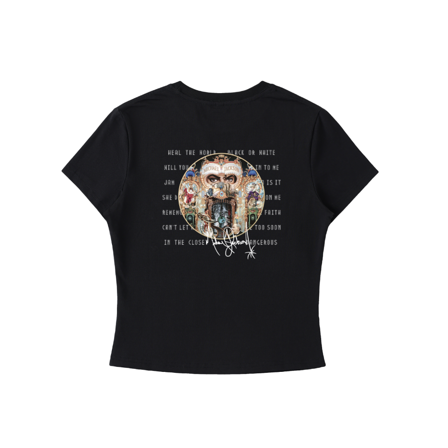 Black t-shirt with a graphic design on a white background