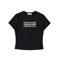 Black t-shirt with pink logo on a white background