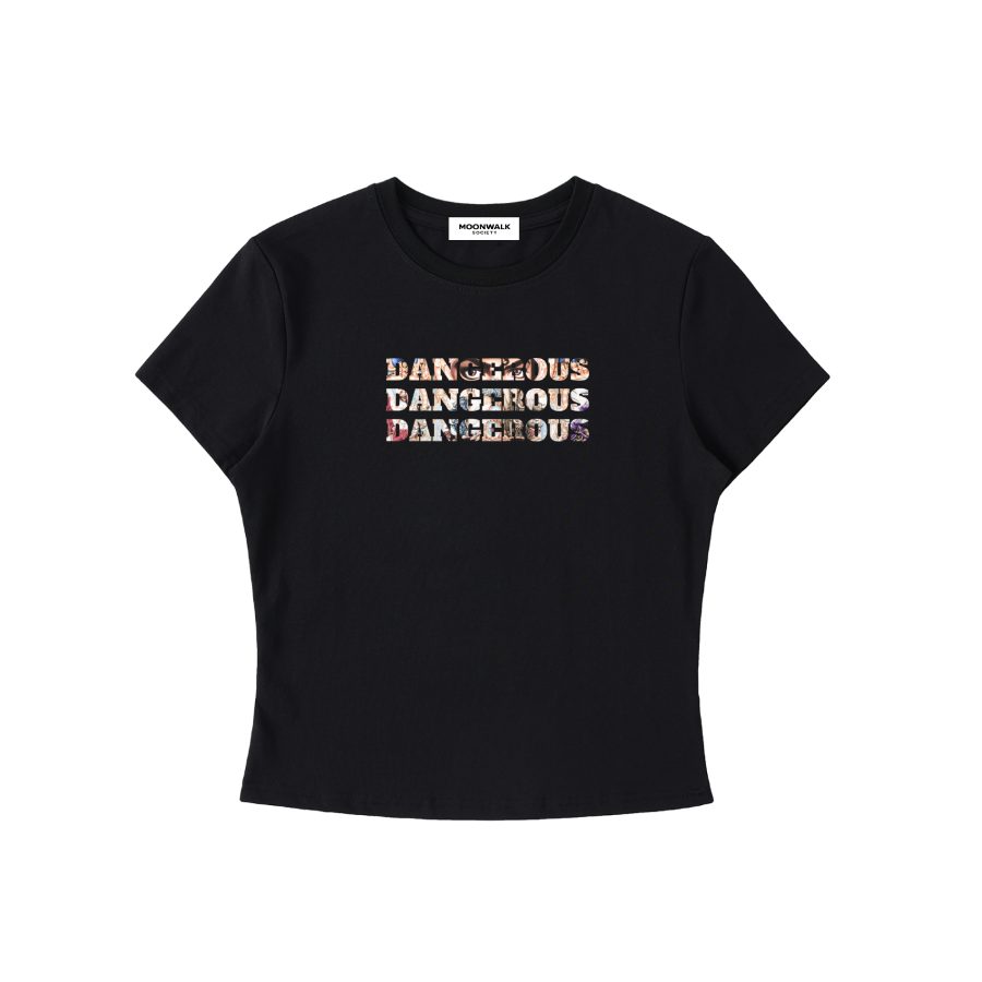 Black t-shirt with pink logo on a white background