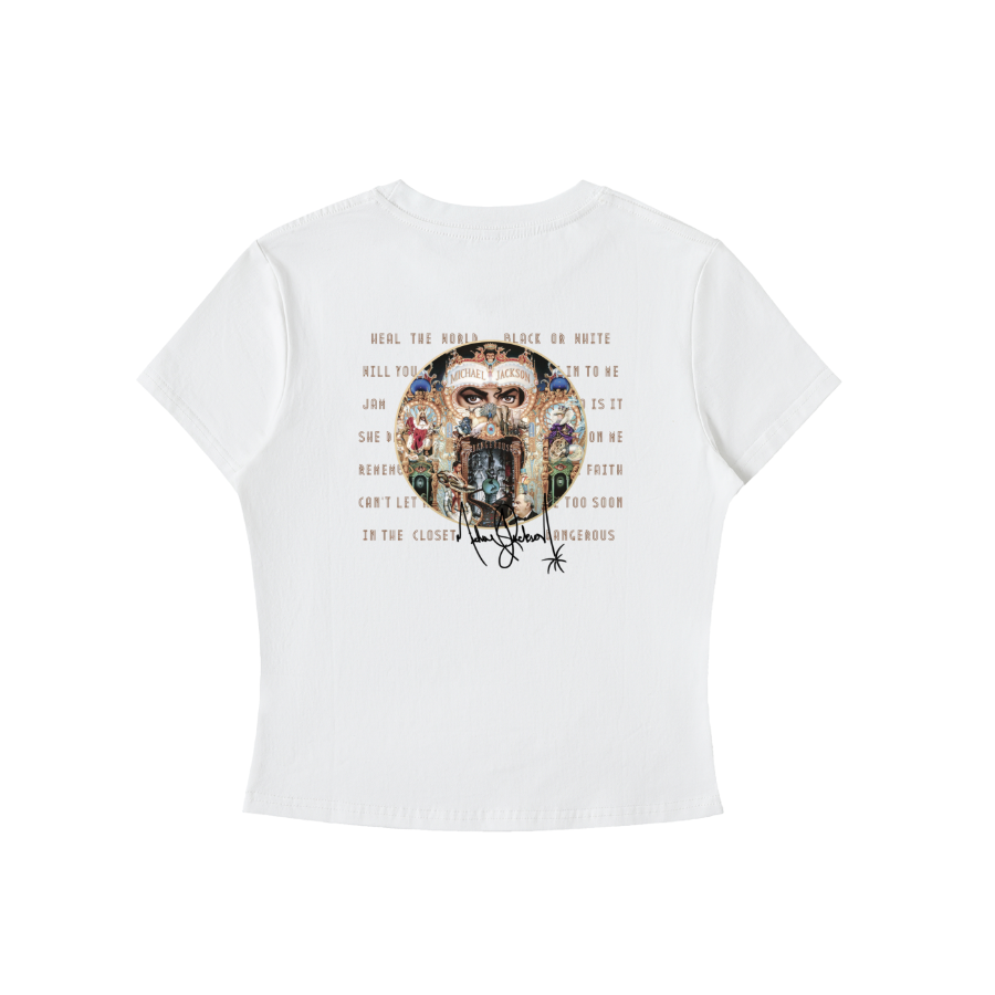 White t-shirt with graphic design and text on a white background