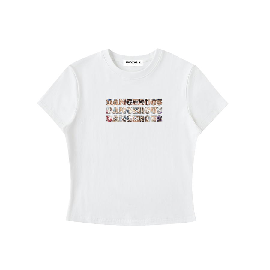 White t-shirt with 'DANGEROUS' text in colorful letters on a white background