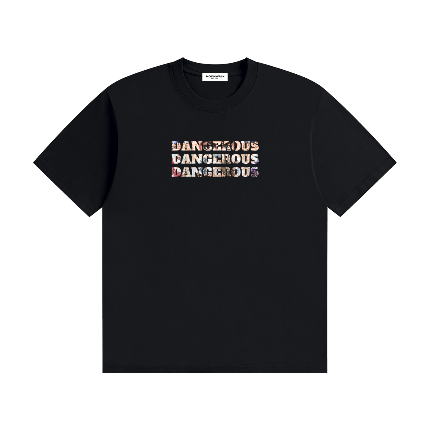 A black short-sleeve crewneck t-shirt featuring the word 'DANGEROUS' printed three times in a horizontal row on the chest, with each letter filled with a multicolor photographic pattern. The shirt is displayed flat against a solid white background.