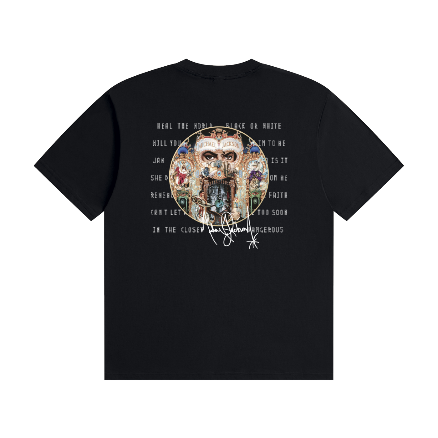 A black short-sleeve t-shirt with a large, detailed graphic print on the front. The graphic features a central circular illustration of a woman's face surrounded by text, including 'MEAL THE MOTHER - PLACE OR WHITE WILL YOU STAND TO ME JARN IS IT SHE BREATHE FOR ME OR HE FAITH CAN'T LET ME HAVE TOO SOON IN THE CLOSER JUNGLE IS MURDEROUS'.