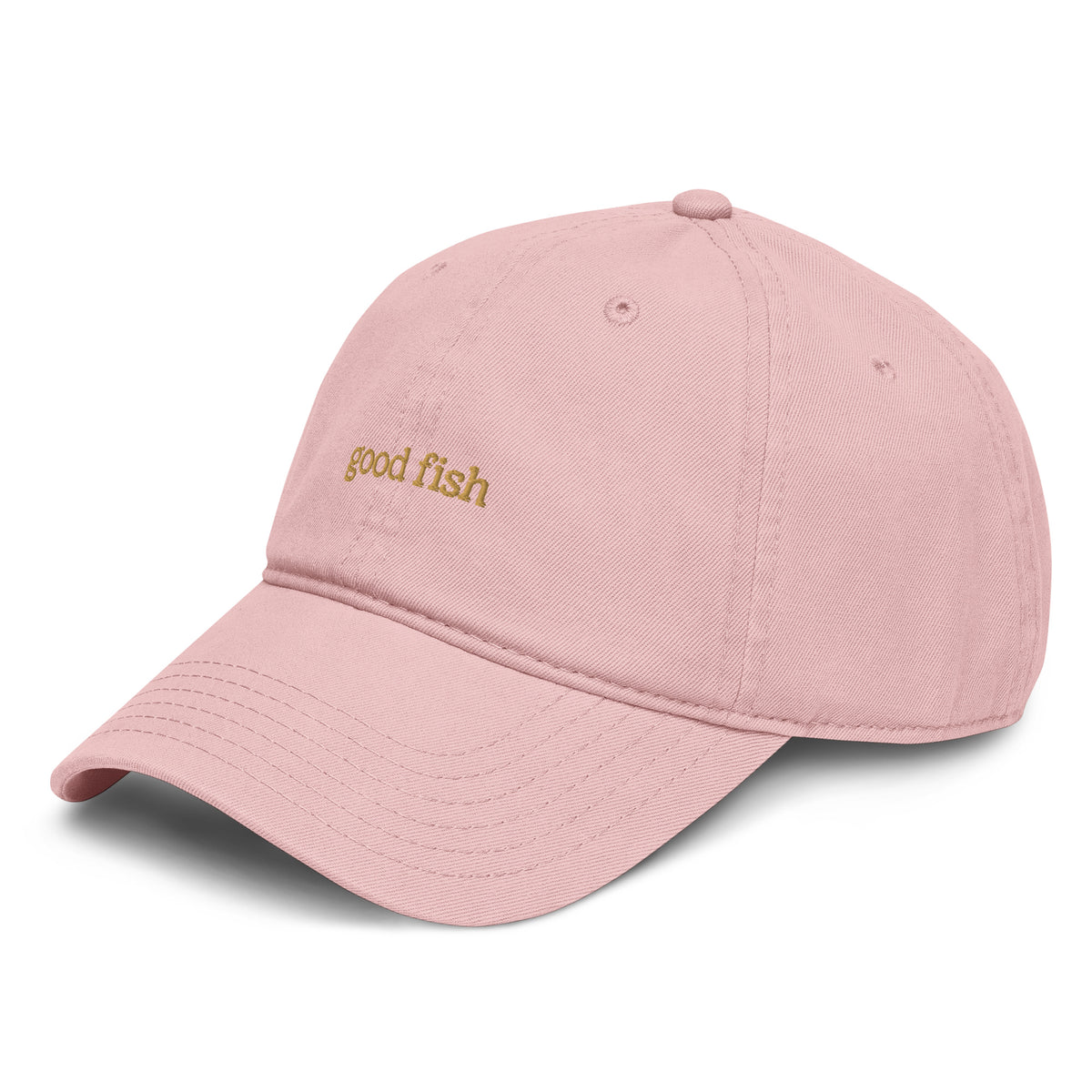 Pink baseball cap with a logo on a white background