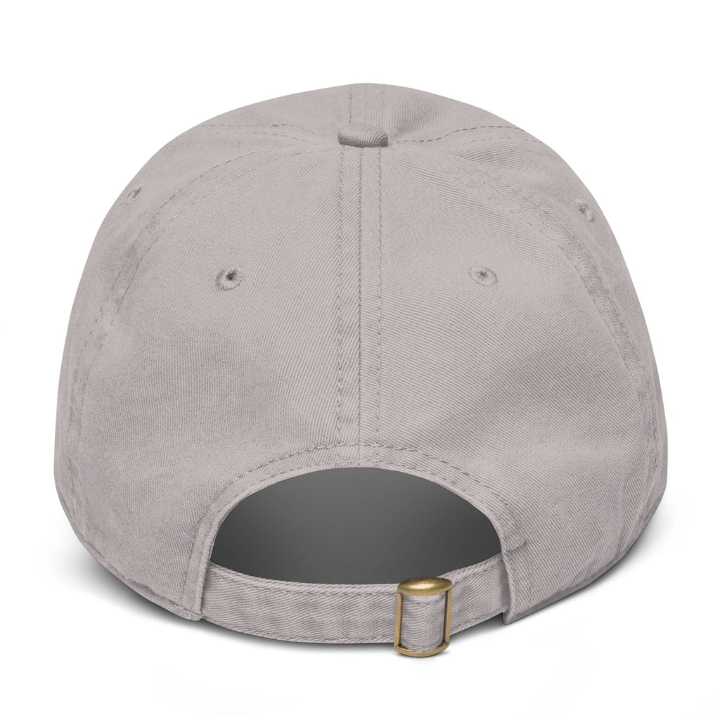 Gray baseball cap with a gold buckle on a white background