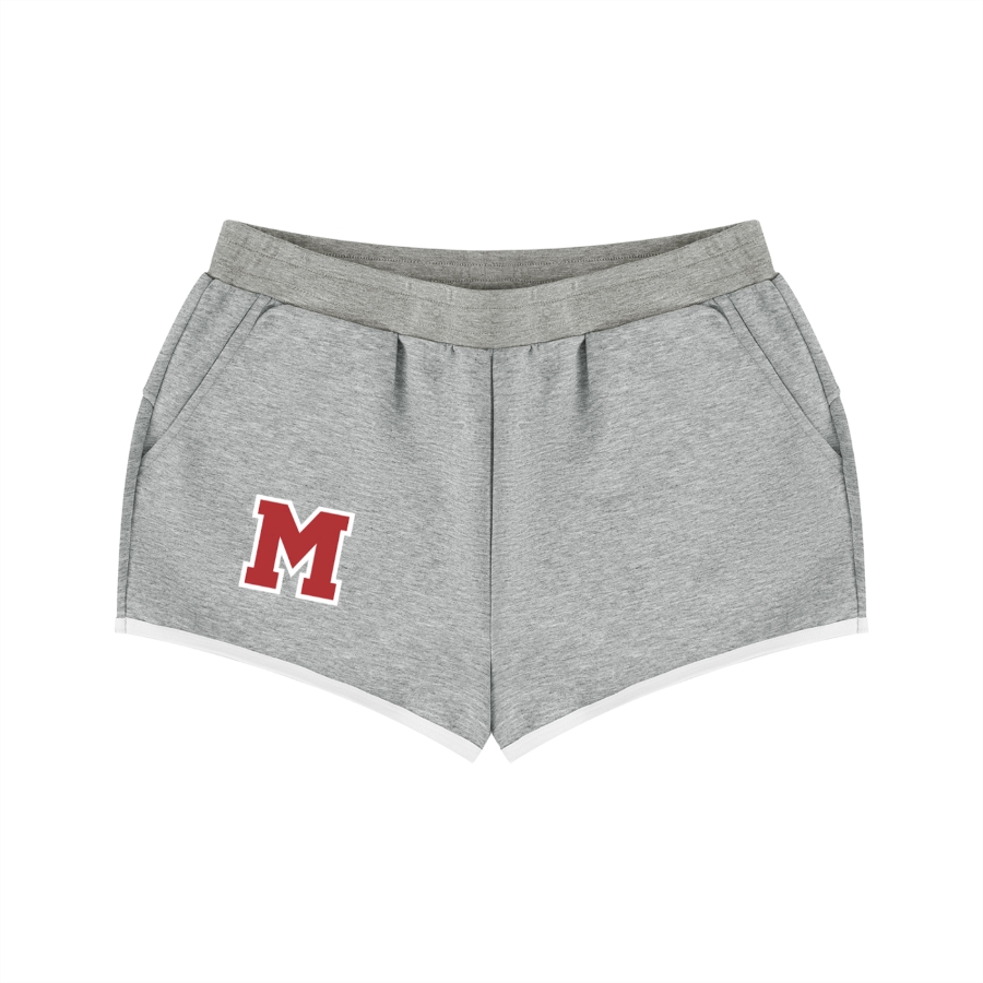 Gray shorts with a red 'M' logo on a white background