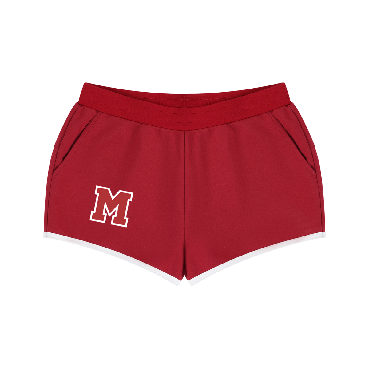 Red shorts with a white 'M' logo on a white background