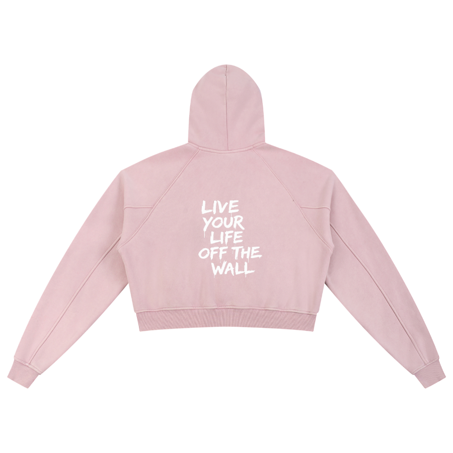 Pink hoodie with 'Live Your Life Off The Wall' text on the back against a white background