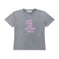 Gray t-shirt with a off the wall on a white background