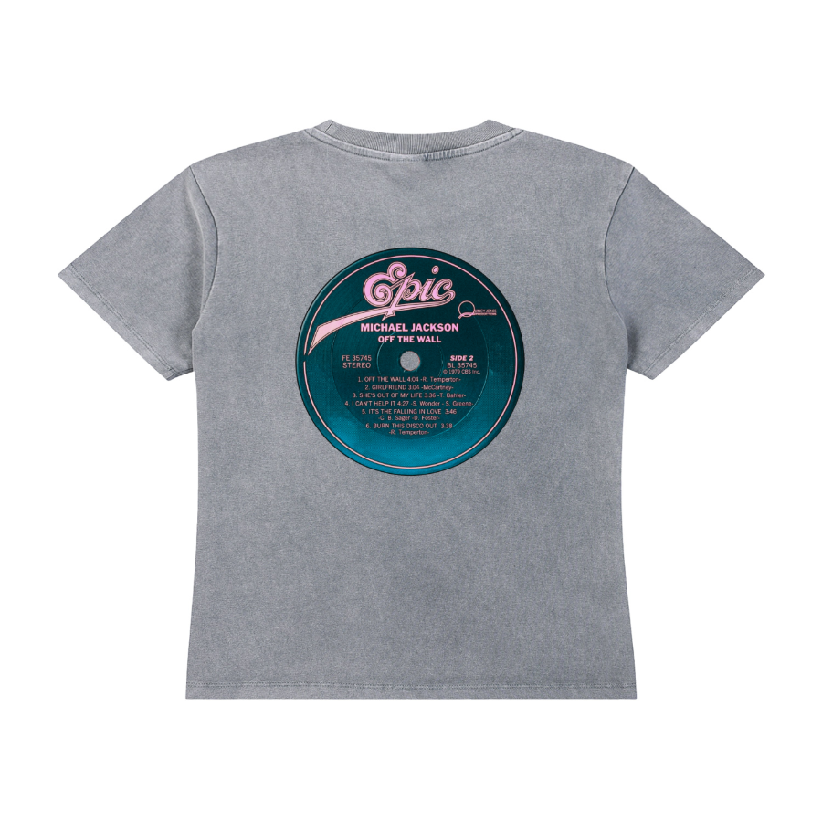 Gray t-shirt with a vinyl record design on the back featuring 'Epic' and 'Michael Jackson'.