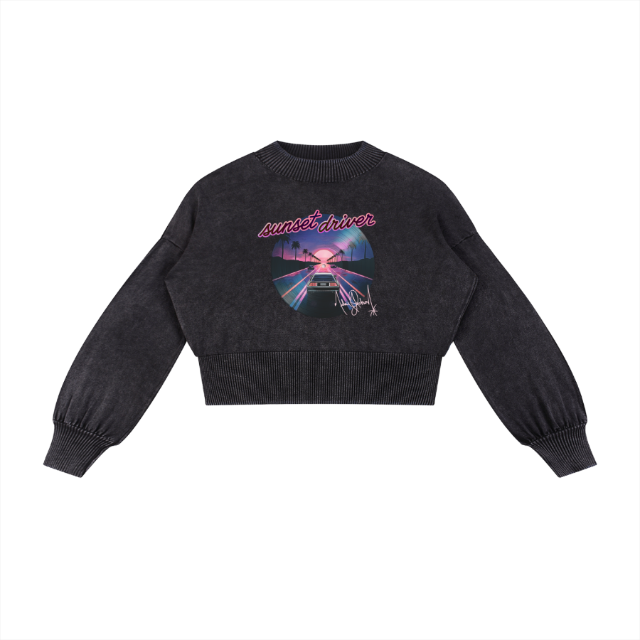 Black sweater with a colorful graphic design on a white background