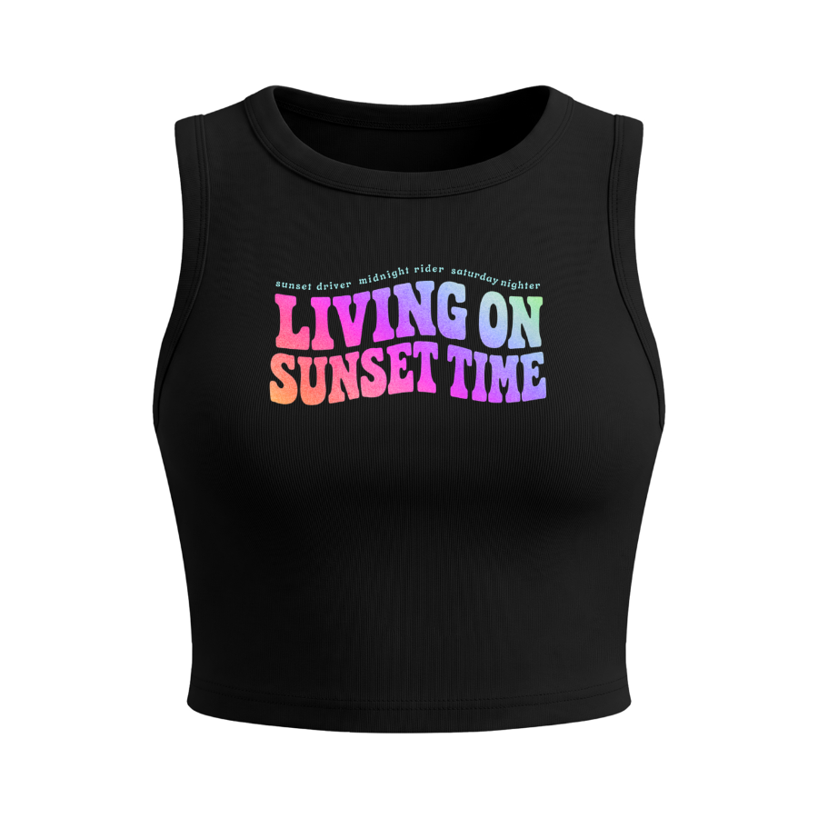 Black crop top with colorful text 'LIVING ON SUNSET TIME' on a white background