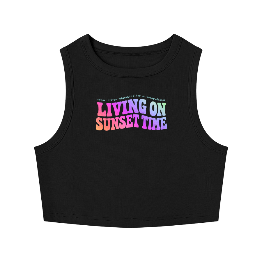 Black tank top with colorful text 'LIVING ON SUNSET TIME' on a white background