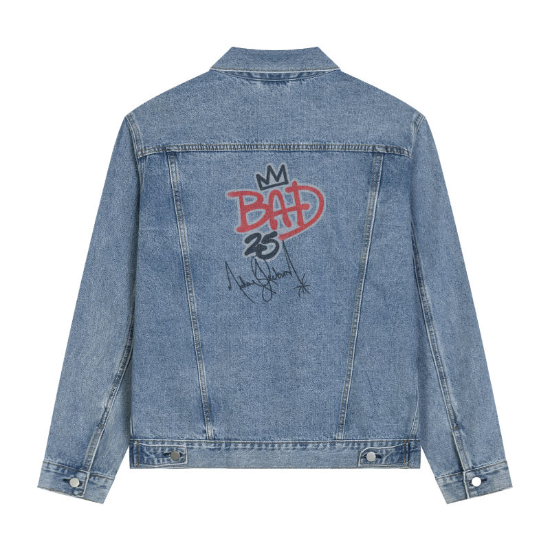 Blue denim jacket with 'Bad 25' graphic on the back against a white background