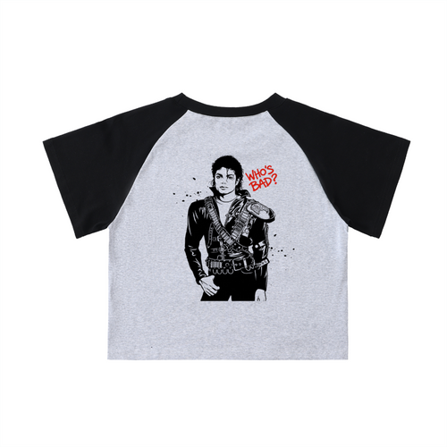 Gray and black baseball shirt with a graphic of a person and 'Who's Bad?' text on a white background