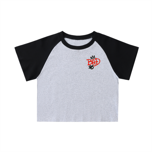 Gray baseball shirt with black sleeves and red logo on a white background