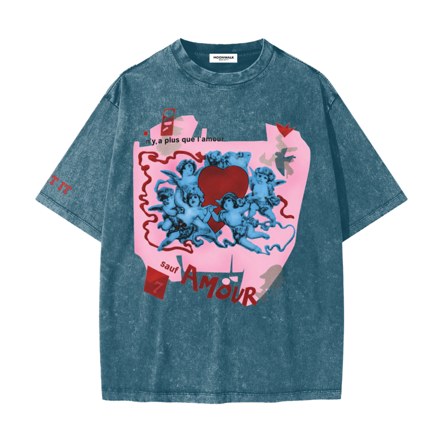 Blue t-shirt with graphic design on a white background