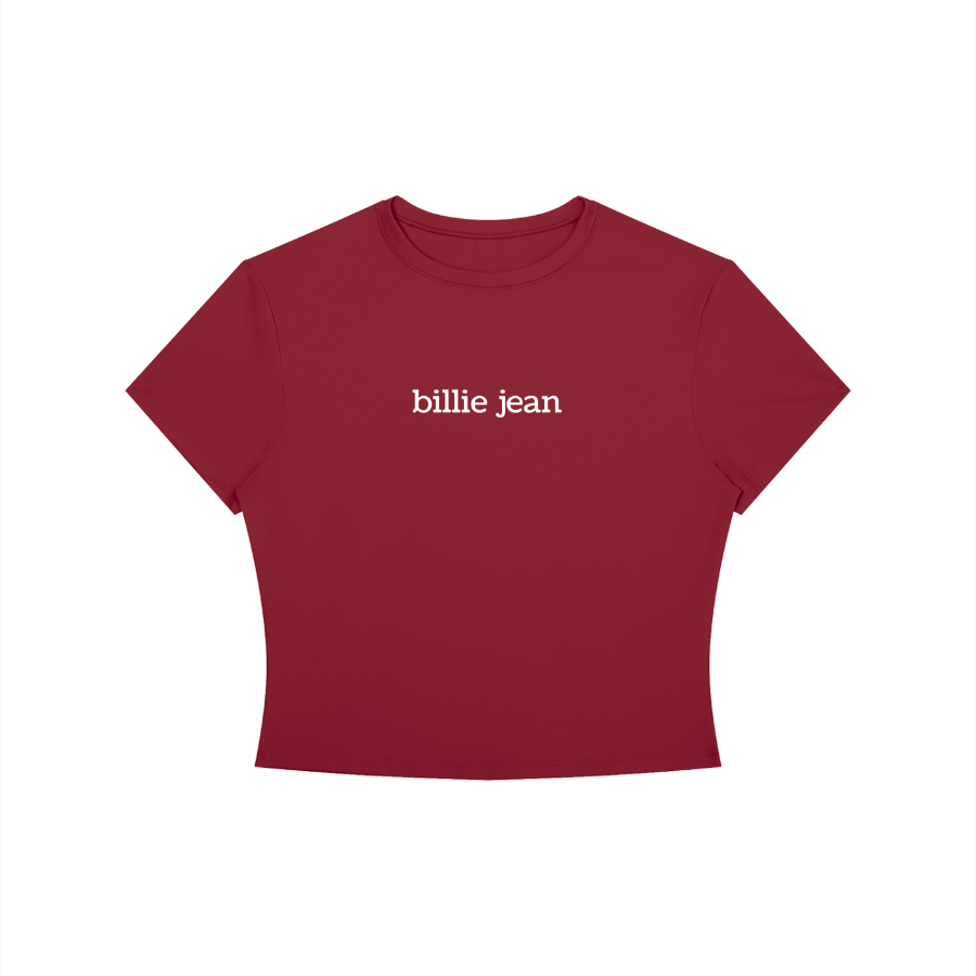 Red t-shirt with 'billie jean' text on a white background