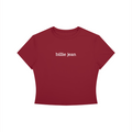 Red t-shirt with 'billie jean' text on a white background