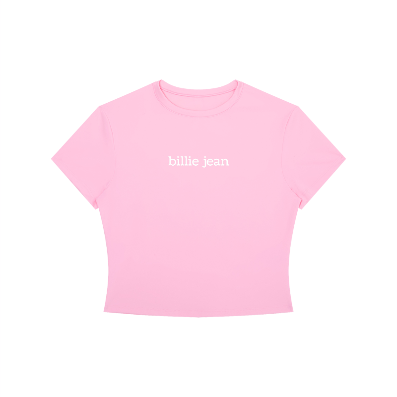Pink t-shirt with 'billie jean' text on a white background