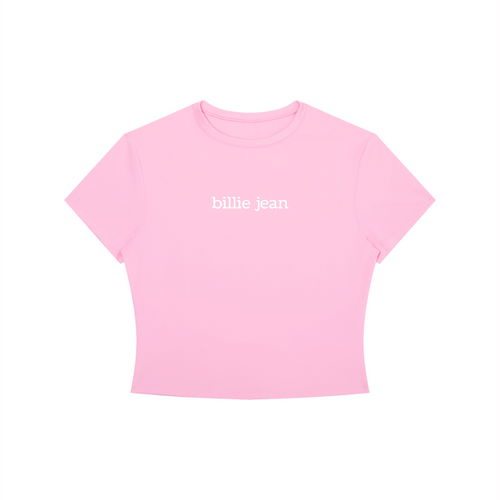 Pink t-shirt with 'billie jean' text on a white background
