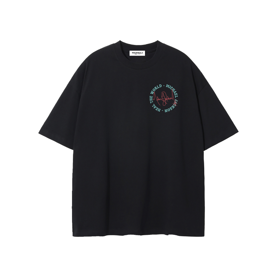 Black t-shirt with a circular logo on a white background