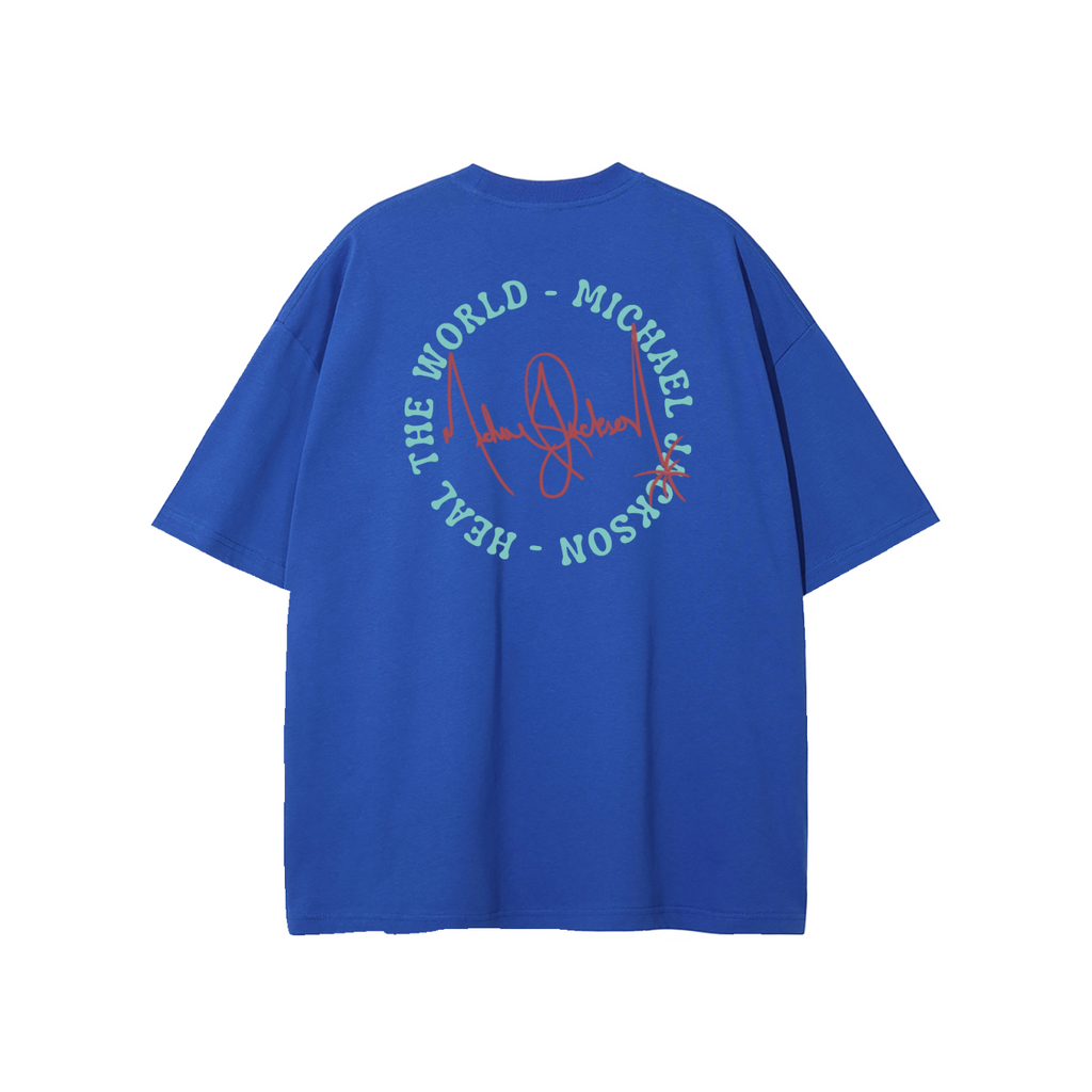 A royal blue short-sleeve t-shirt shown from the back, featuring a circular graphic print with the text 'THE WORLD - MICHAEL JACKSON - HEAL' in light blue and a red signature in the center.