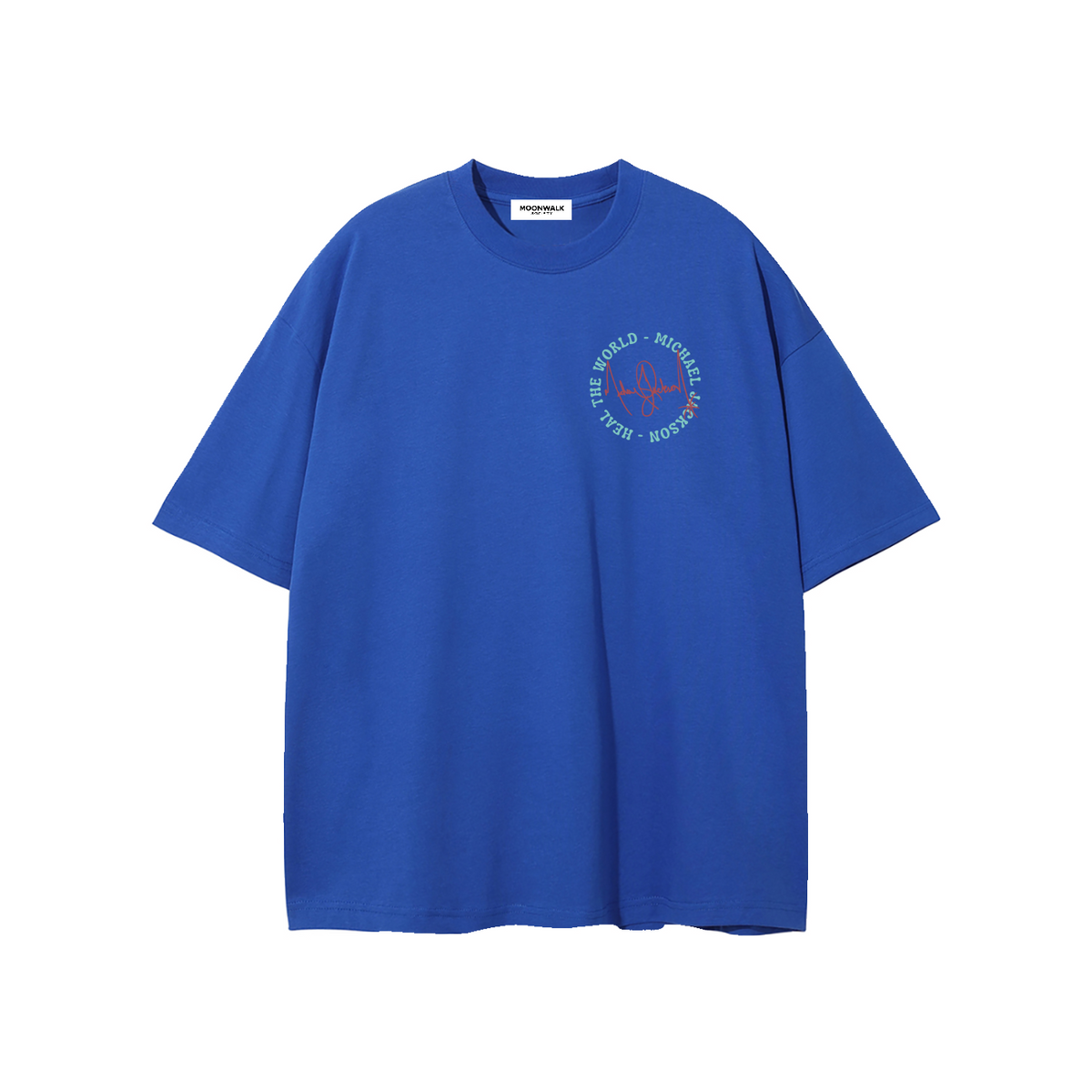 Blue t-shirt with a circular logo on a white background