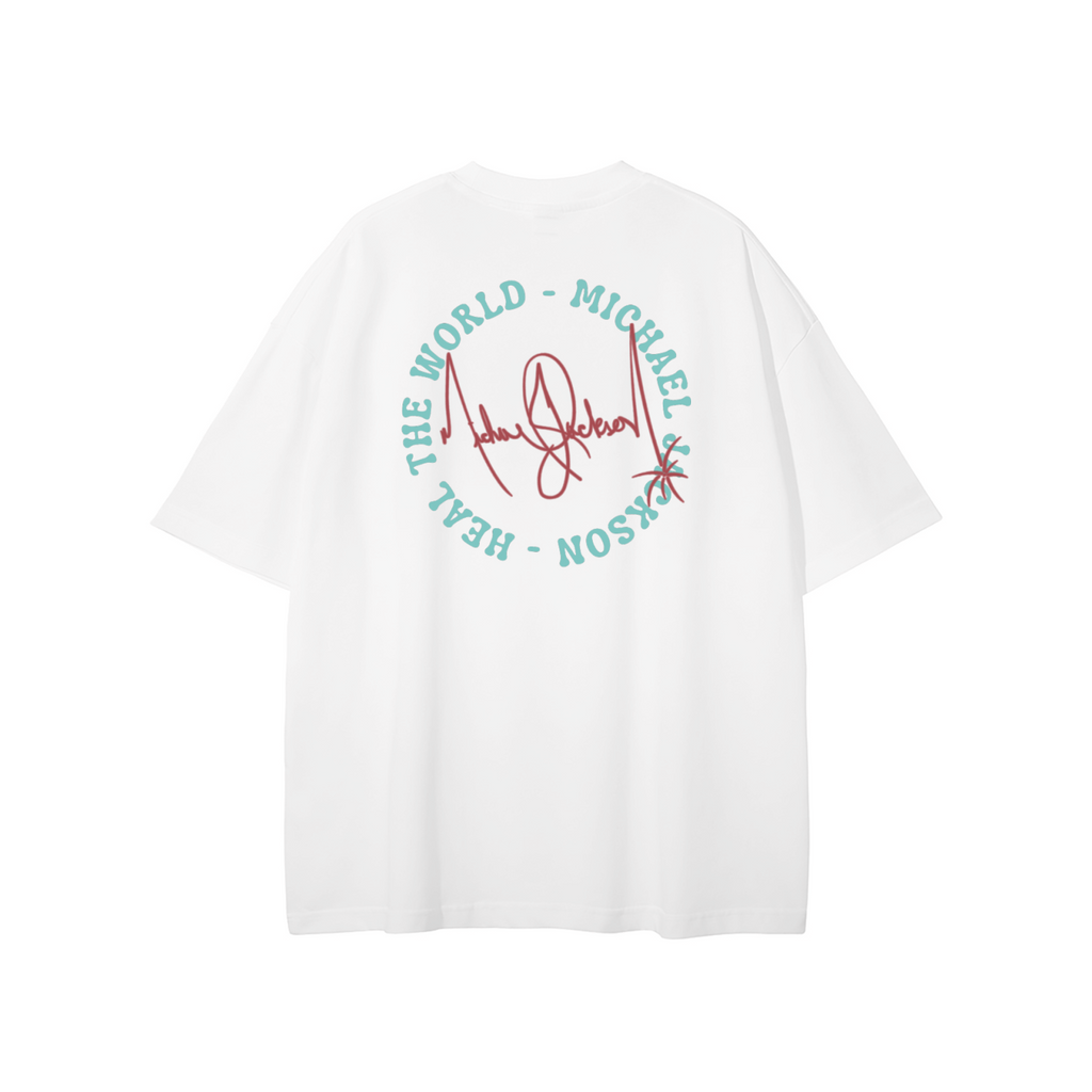 A white short-sleeve t-shirt shown from the back, featuring a circular graphic print with the text 'THE WORLD - MICHAEL JACKSON - HEAL' in teal and a red script signature in the center.