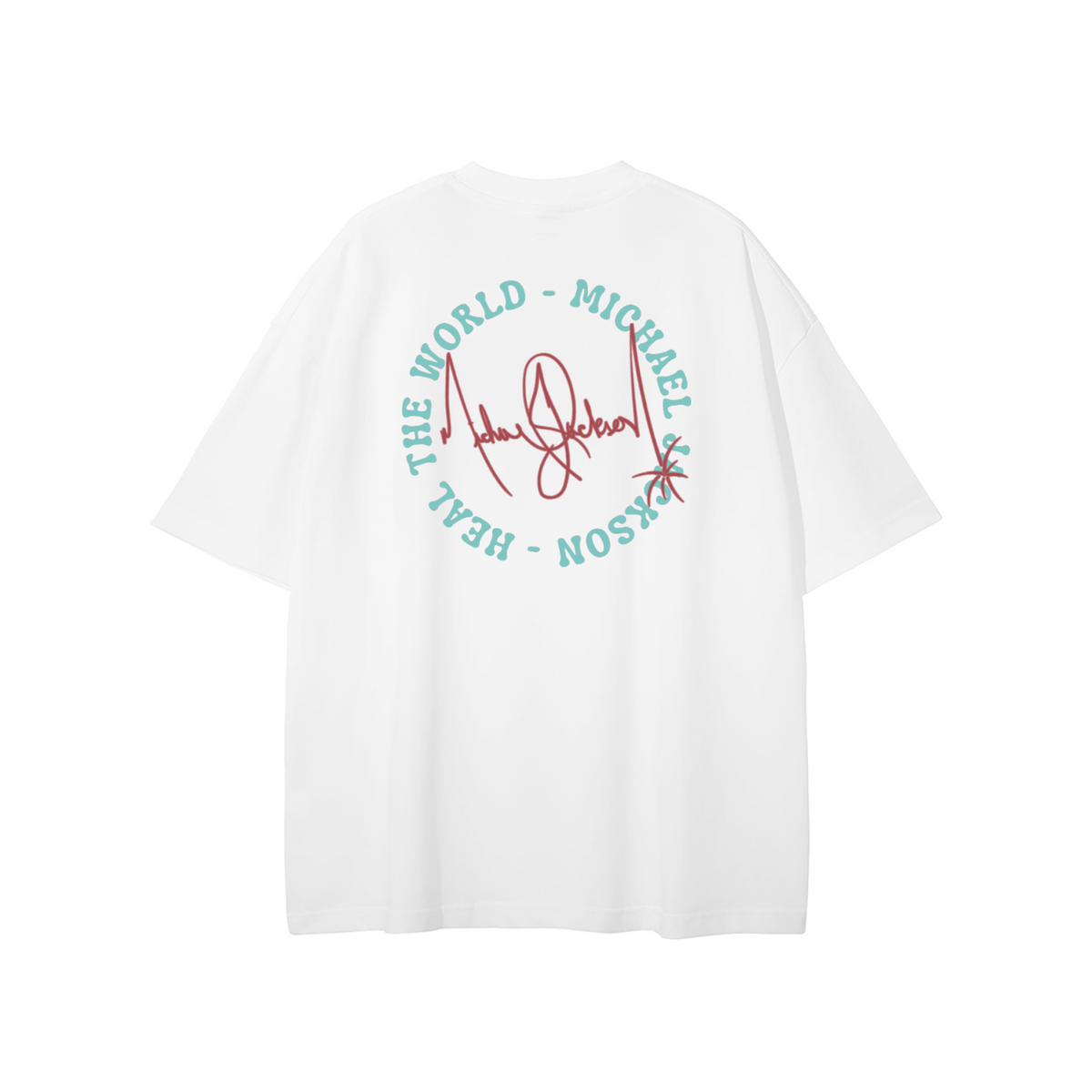 A white short-sleeve t-shirt shown from the back, featuring a circular graphic print with the text 'THE WORLD - MICHAEL JACKSON - HEAL' in teal and a red script signature in the center.