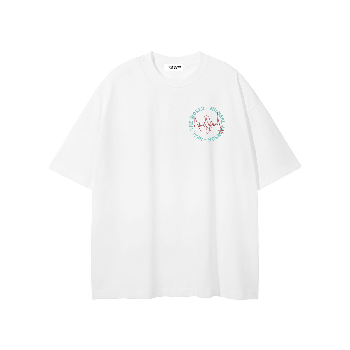 White t-shirt with a circular logo on a white background