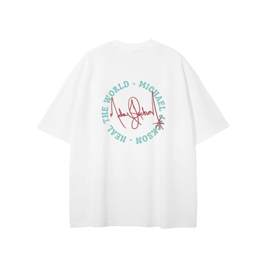 White t-shirt with text and signature design on a white background