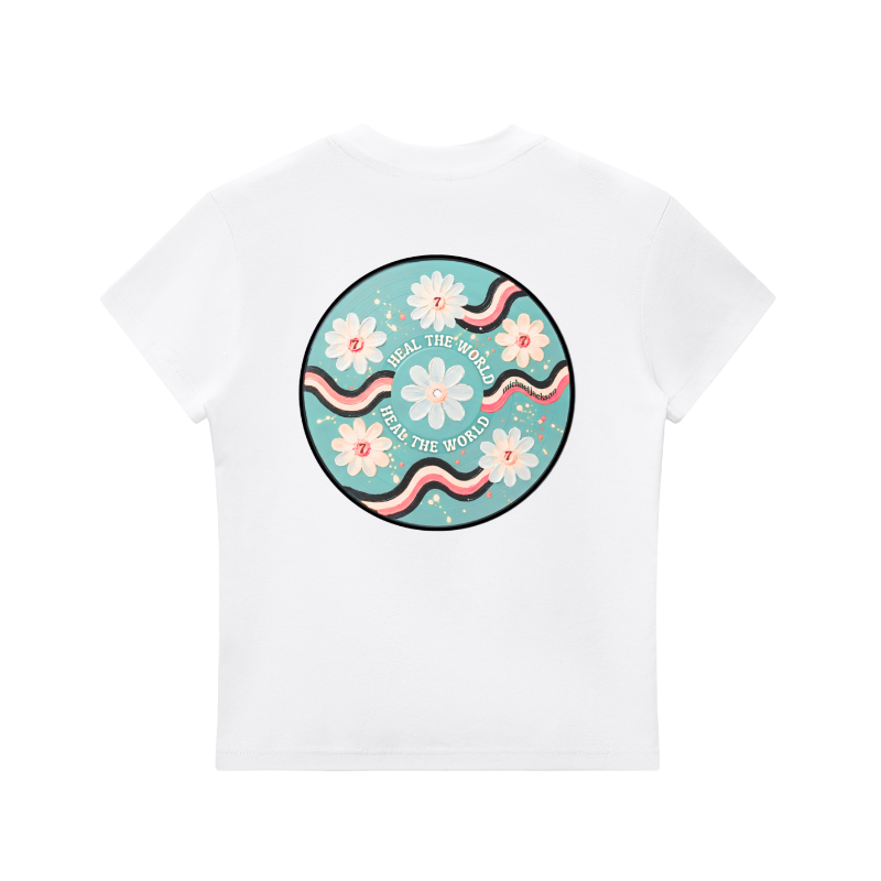 White t-shirt with a circular design featuring flowers and text on a white background