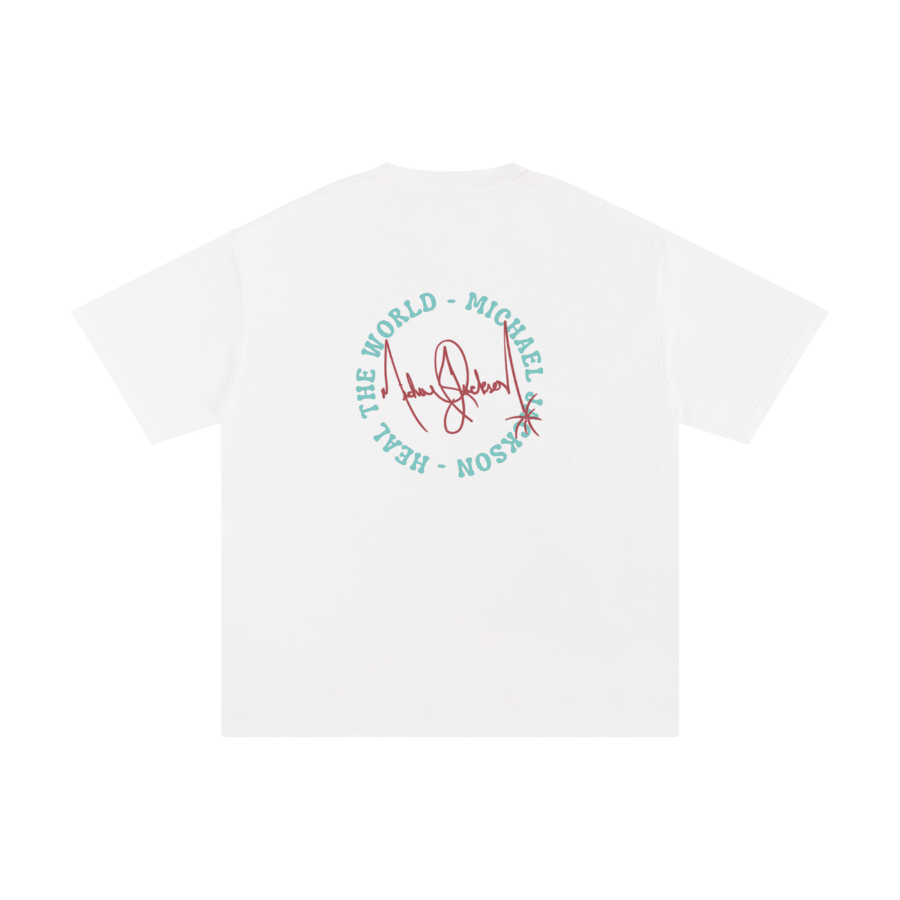 White t-shirt with colorful graphic design on a white background