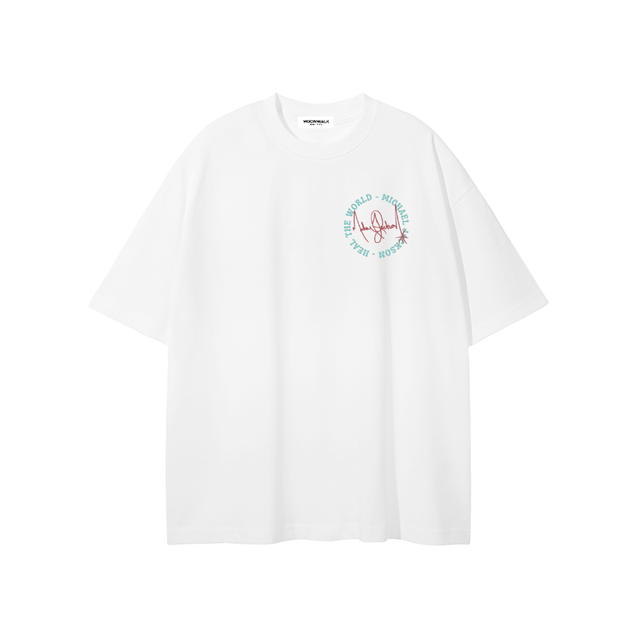White t-shirt with a circular logo on a white background