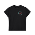 Black t-shirt with a circular logo on a white background