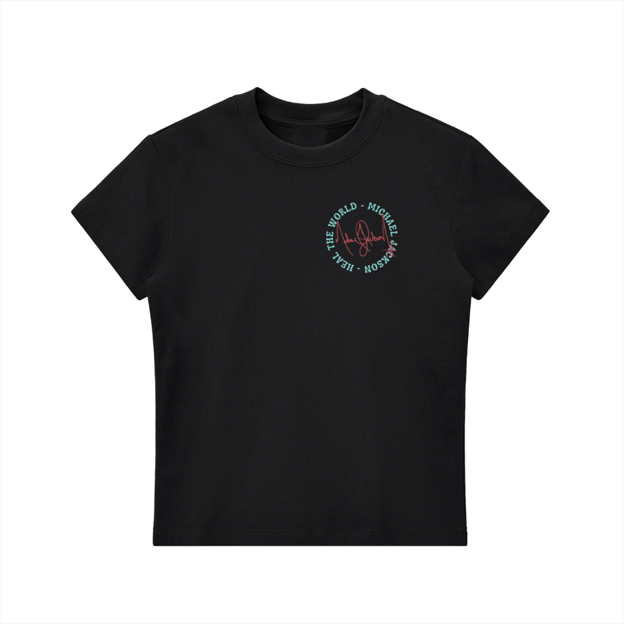 Black t-shirt with a circular logo on a white background