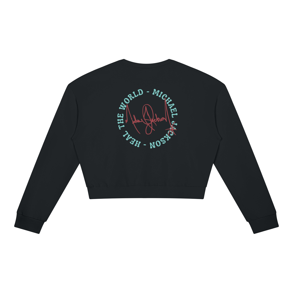 A black long-sleeve cropped sweatshirt shown from the back, featuring a circular graphic with the text 'HEAL THE WORLD - MICHAEL JACKSON' in teal and red, along with a red signature.