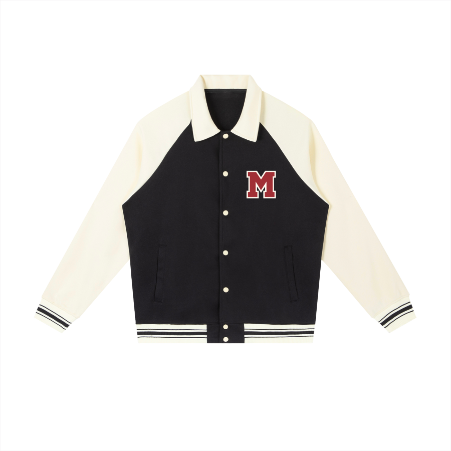 Black and cream varsity jacket with a red letter 'M' on a white background