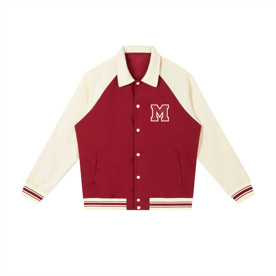 Red and cream varsity jacket with 'NL' logo on a white background