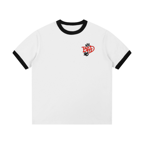 White t-shirt with black ringer sleeves and red text on a white background