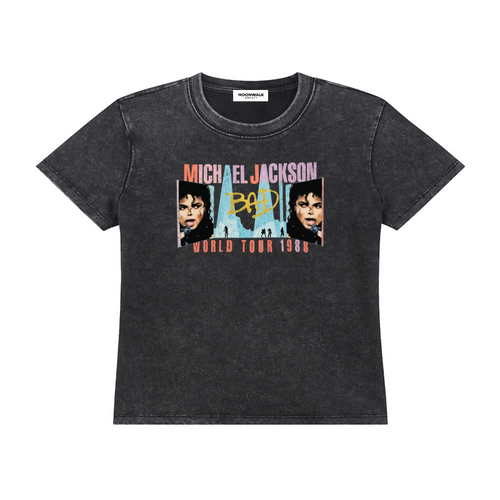 Black t-shirt with Michael Jackson graphic and text on a white background
