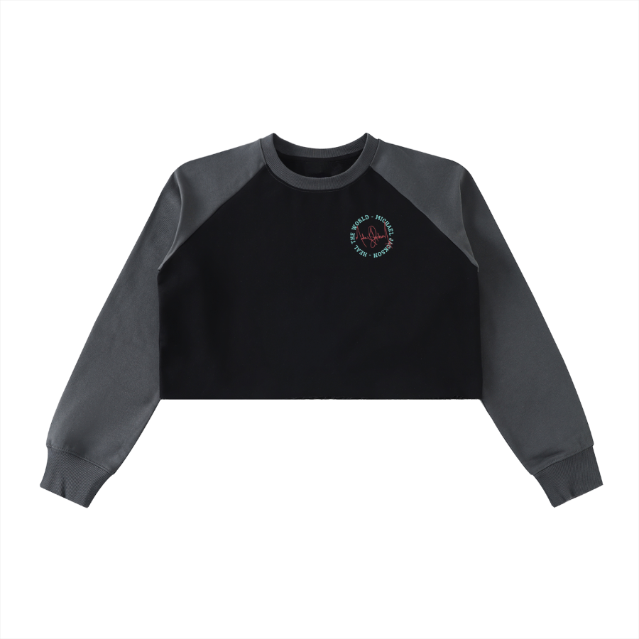 Black and gray cropped sweatshirt with a logo on a white background