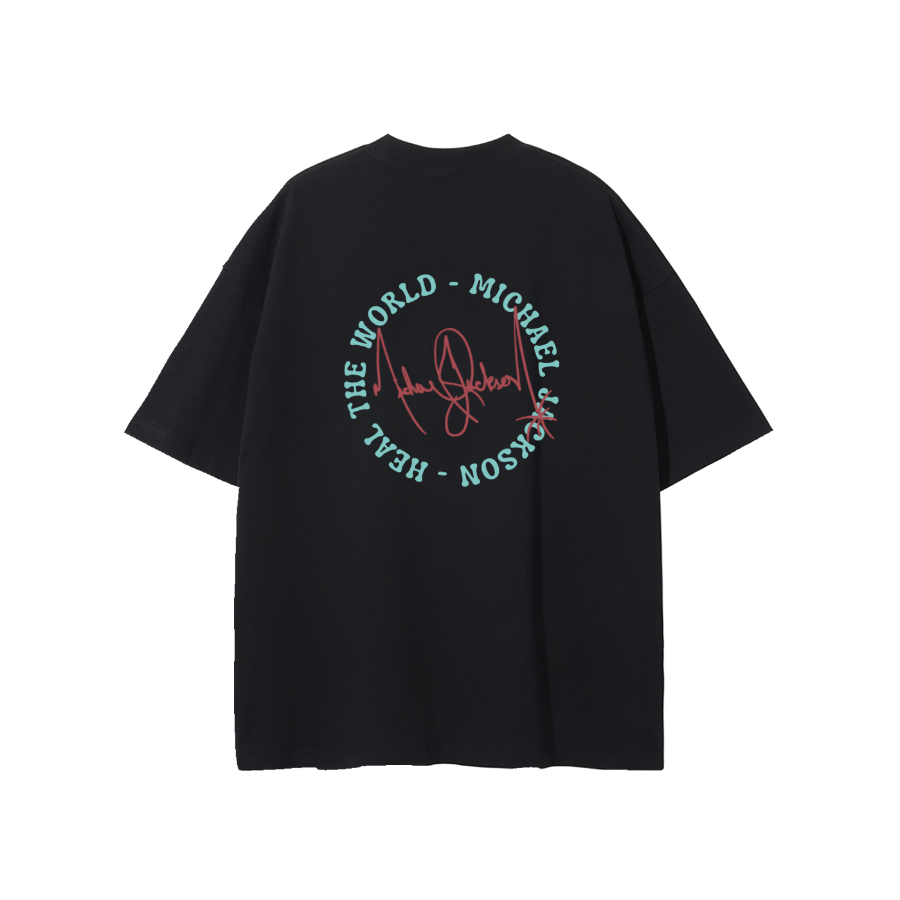 Black t-shirt with text and signature on the back against a white background